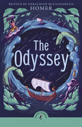 Book cover of 'The Odyssey' with a ship, waves, and characters on a dark blue background.